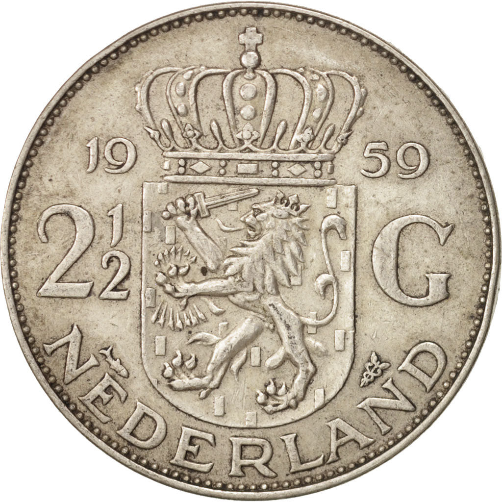 Coin, Netherlands, Juliana, 2-1/2 Gulden, 1959, AU(50-53), Silver, KM:185