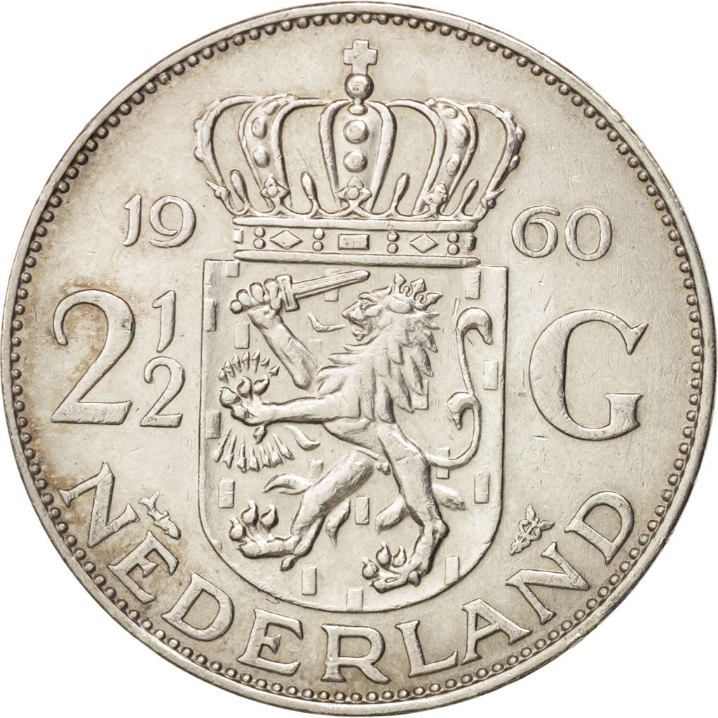 Coin, Netherlands, Juliana, 2-1/2 Gulden, 1960, AU(50-53), Silver, KM:185