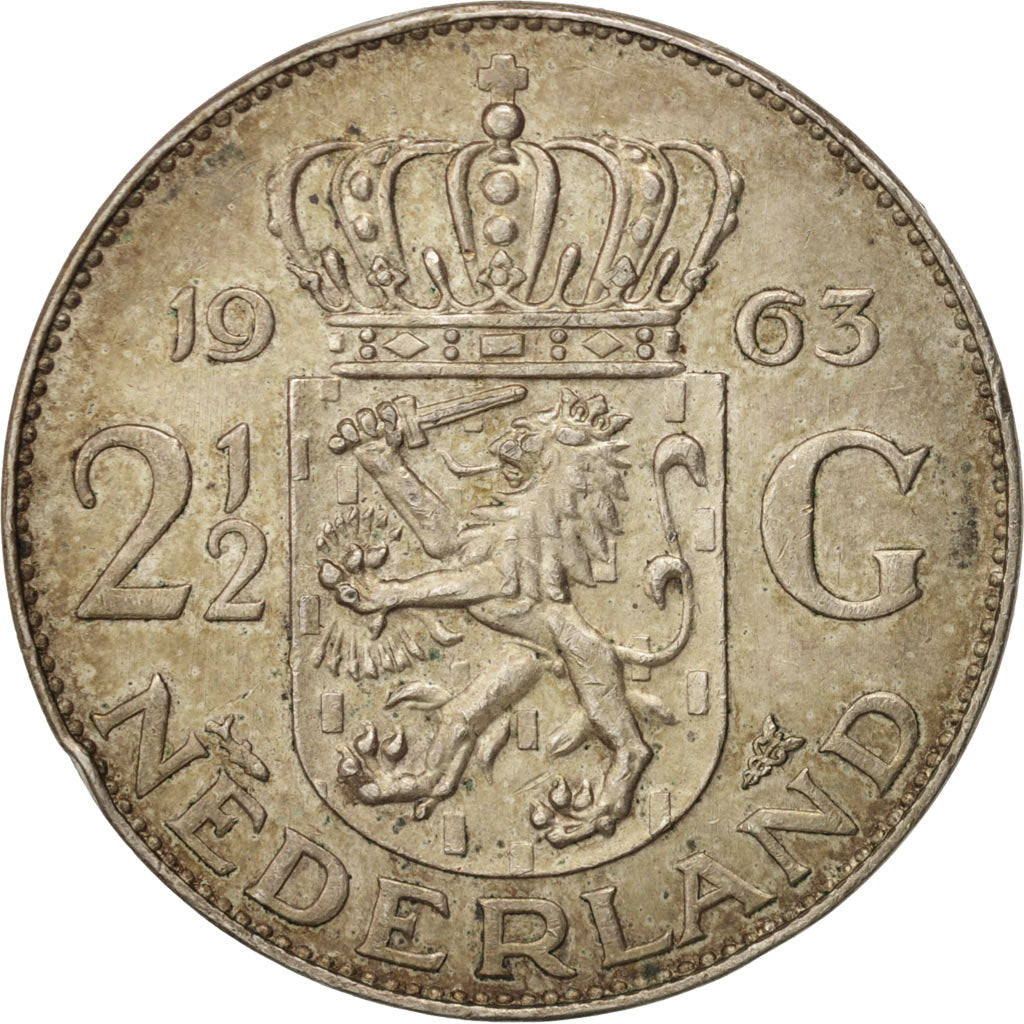 Netherlands, Juliana, 2-1/2 Gulden, 1963, AU(55-58), Silver, KM:185