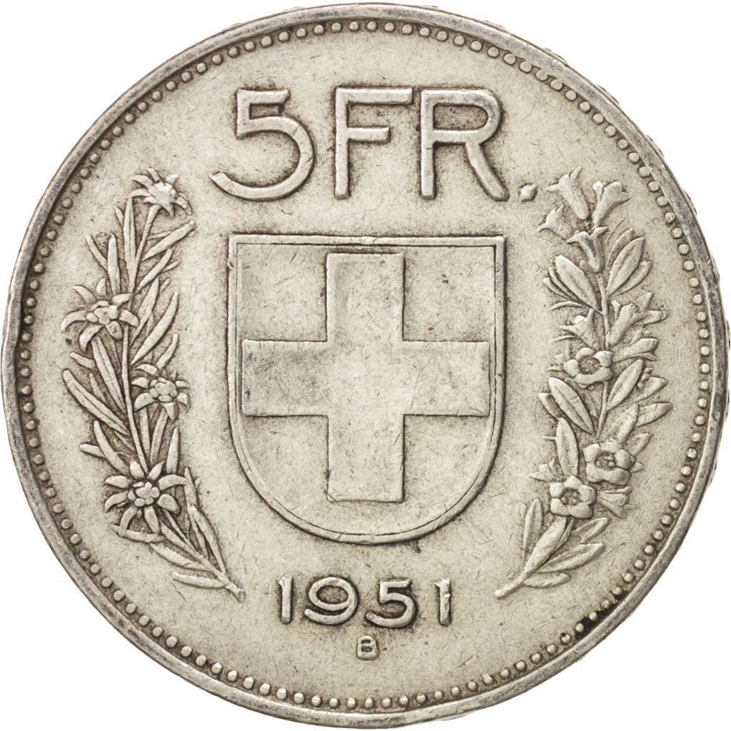 Schweiz, 5 Francs, 1951, Bern, SS, Silber, KM:40
