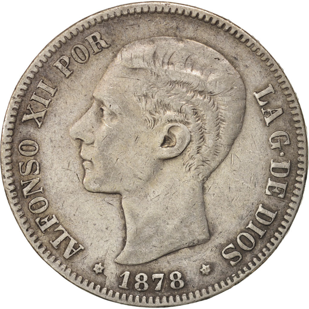 España, Alfonso XII, 5 Pesetas, 1878, BC+, Plata, KM:676