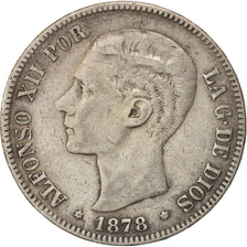 España, Alfonso XII, 5 Pesetas, 1878, BC+, Plata, KM:676