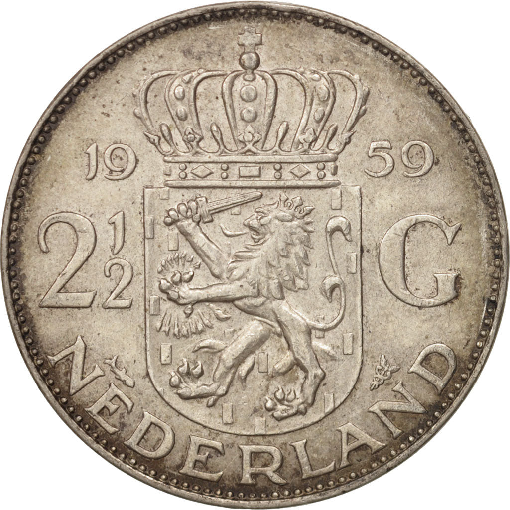 Netherlands, Juliana, 2-1/2 Gulden, 1959, AU(55-58), Silver, KM:185