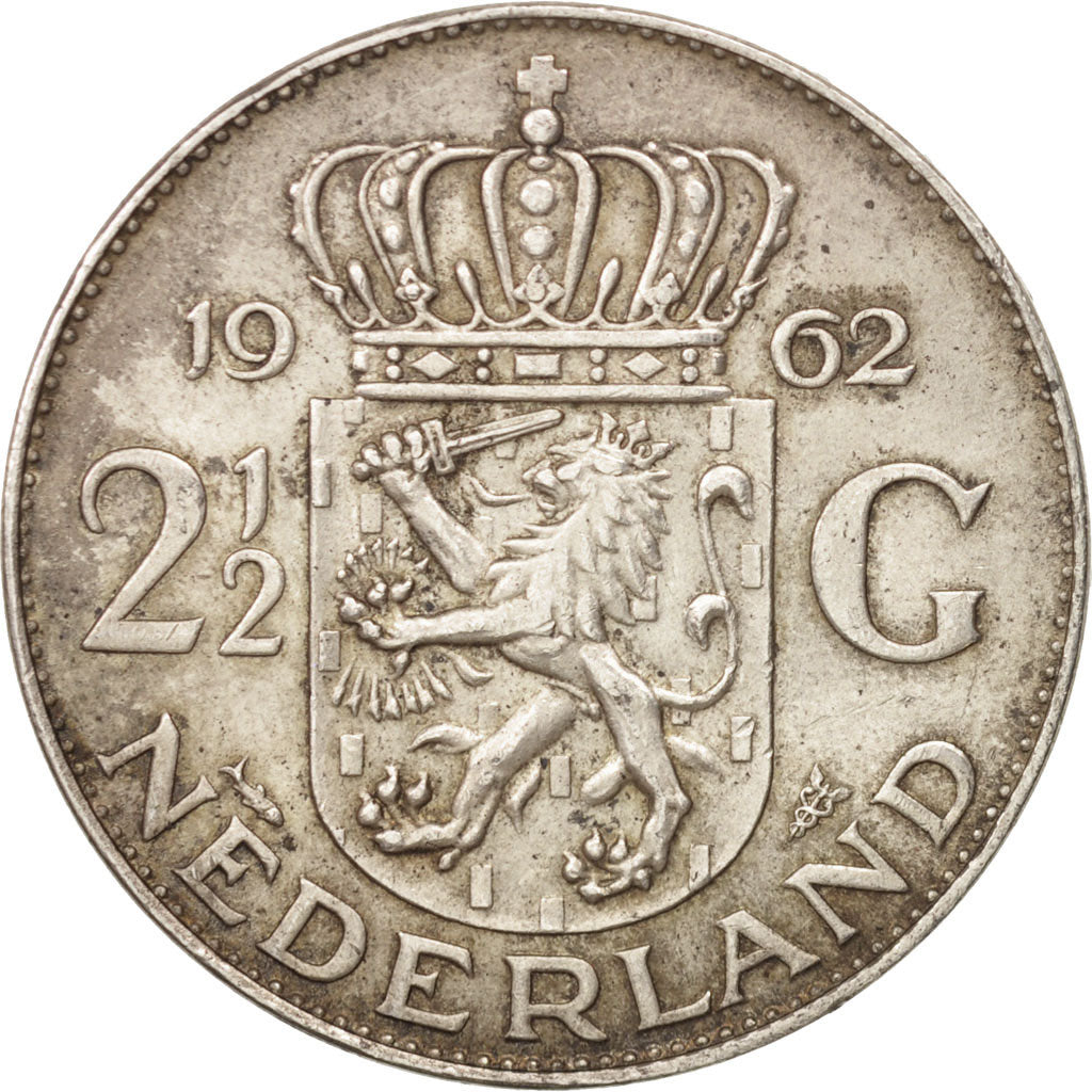 Netherlands, Juliana, 2-1/2 Gulden, 1962, AU(55-58), Silver, KM:185