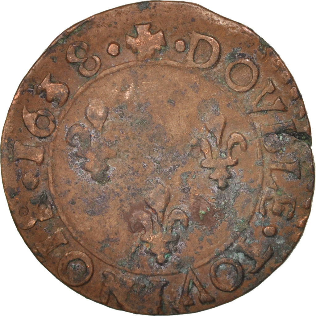 France, Louis XIII, Double tournois, 1638, Bordeaux, TTB, Cuivre, CGKL:284
