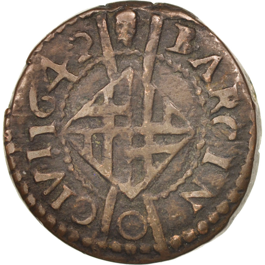Spain, CATALONIA, Louis XIII, Seiseno, 1642, Barcelona, EF(40-45), Copper, KM:27