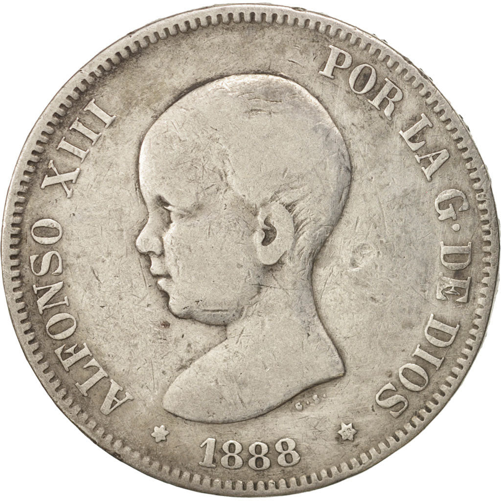 Spain, Alfonso XIII, 5 Pesetas, 1888, Madrid, VF(20-25), Silver, KM:689