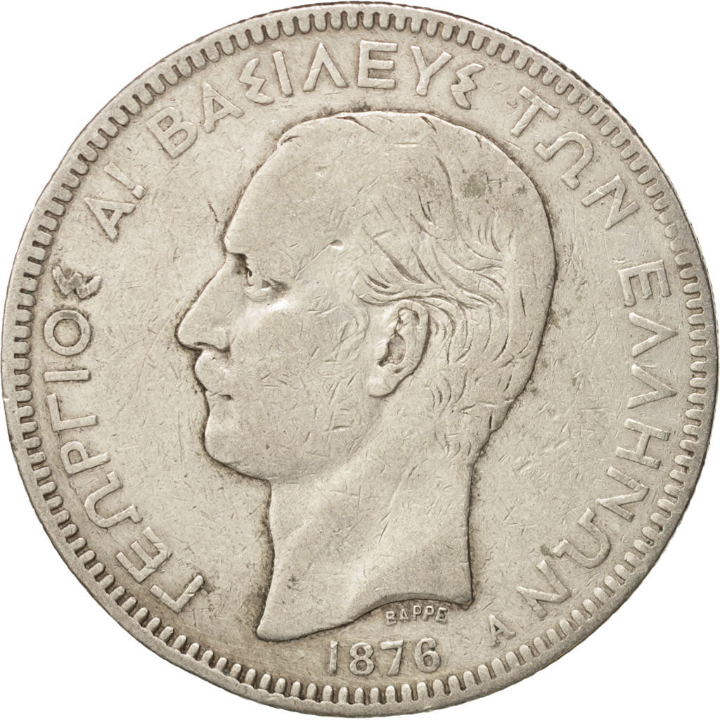 Greece, George I, 5 Drachmai, 1876, Paris, VF(20-25), Silver, KM:46