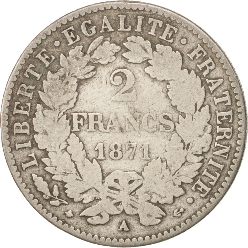 France, Cérès, 2 Francs, 1871, Paris, VF(20-25), Silver, KM:817.1, Gadoury:530