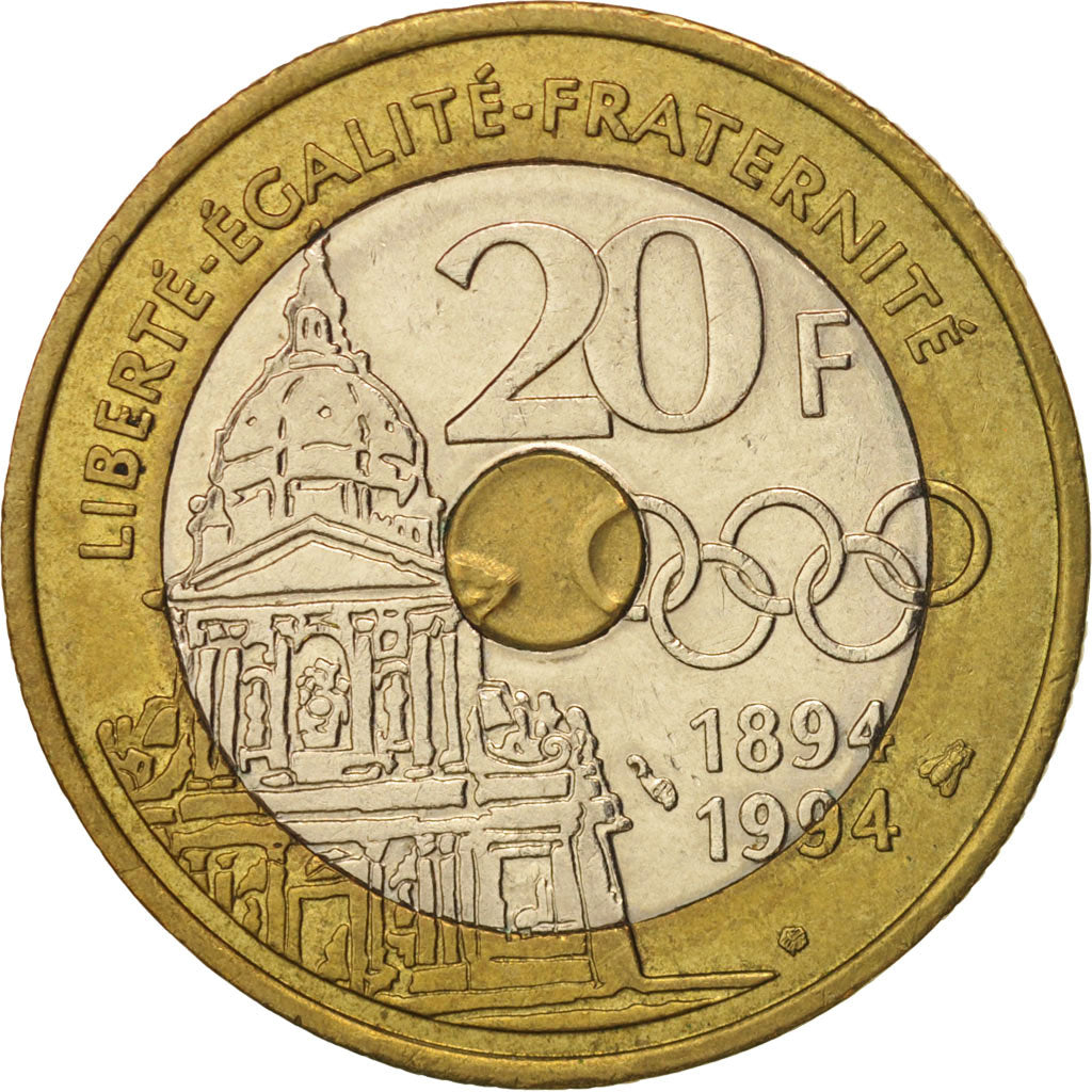 Coin, France, Pierre de Coubertin, 20 Francs, 1994, AU(55-58), Tri-Metallic