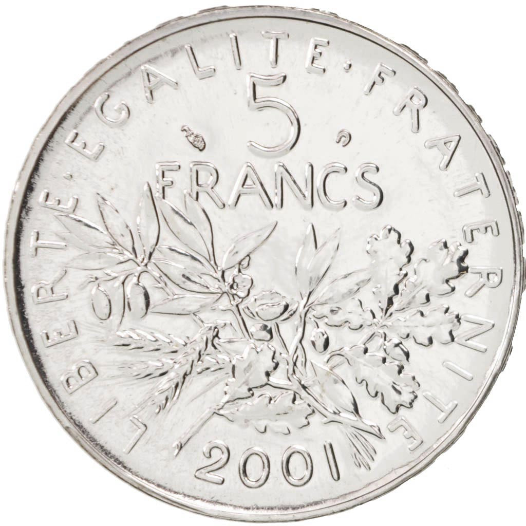 France, 5 Francs, 2001, Paris, MS(65-70), Silver, KM:1309