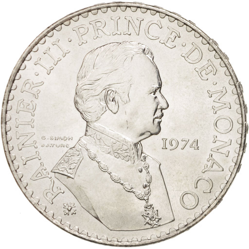 Coin, Monaco, Rainier III, 50 Francs, 1974, MS(64), Silver, KM:152.1