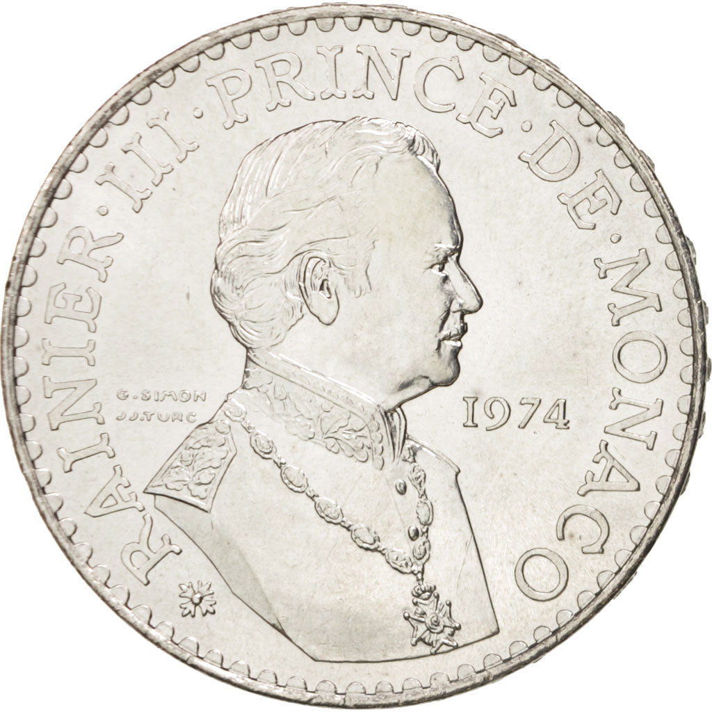 Coin, Monaco, Rainier III, 50 Francs, 1974, MS(63), Silver, KM:152.1