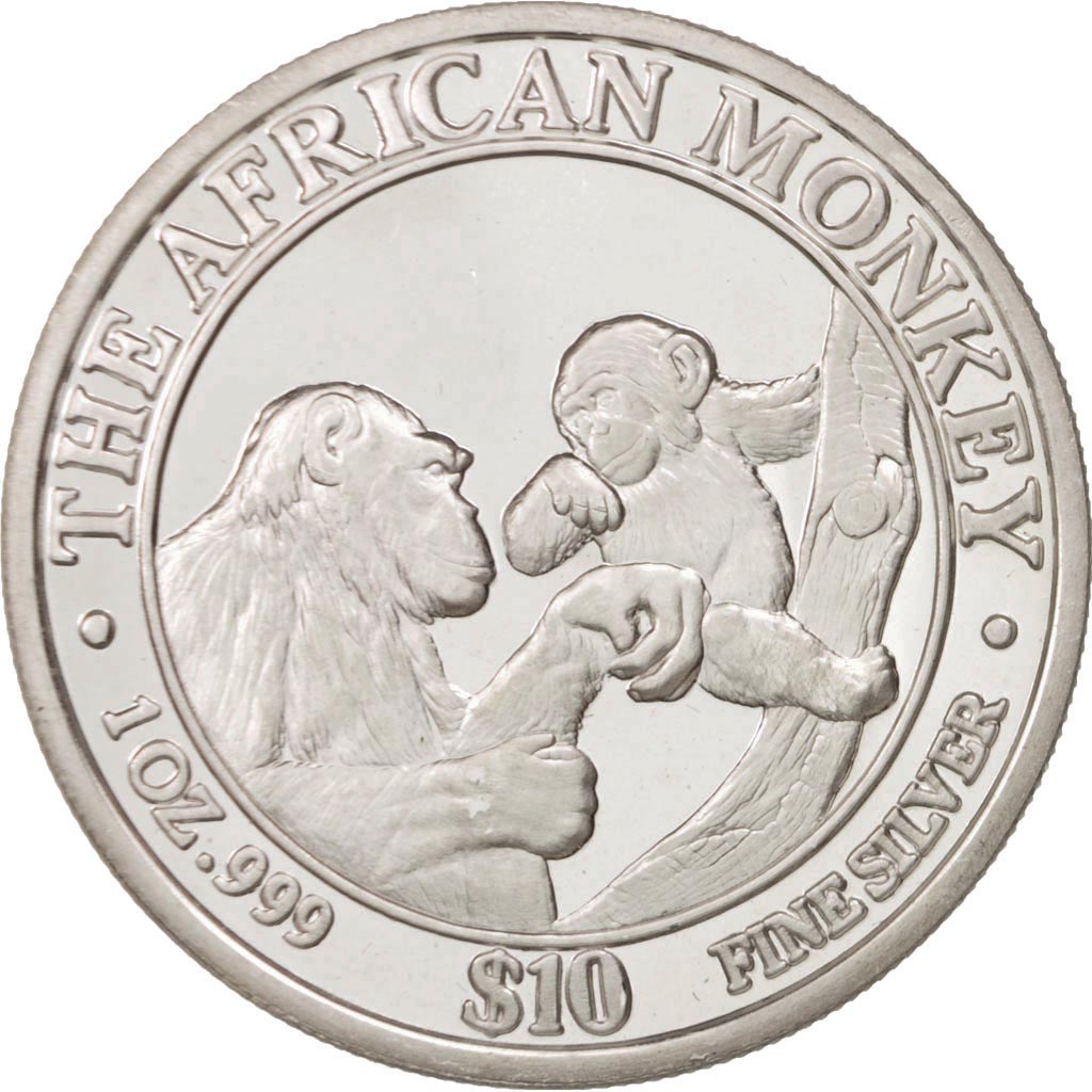 Somali Republic, 10 Dollars, 1 Oz, 1999, The African Monkey, MS(65-70), Silver