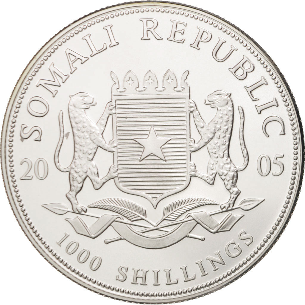 Somalia, 1000 Shillings, Elephant, 2005, MS(65-70), Silver, KM:189