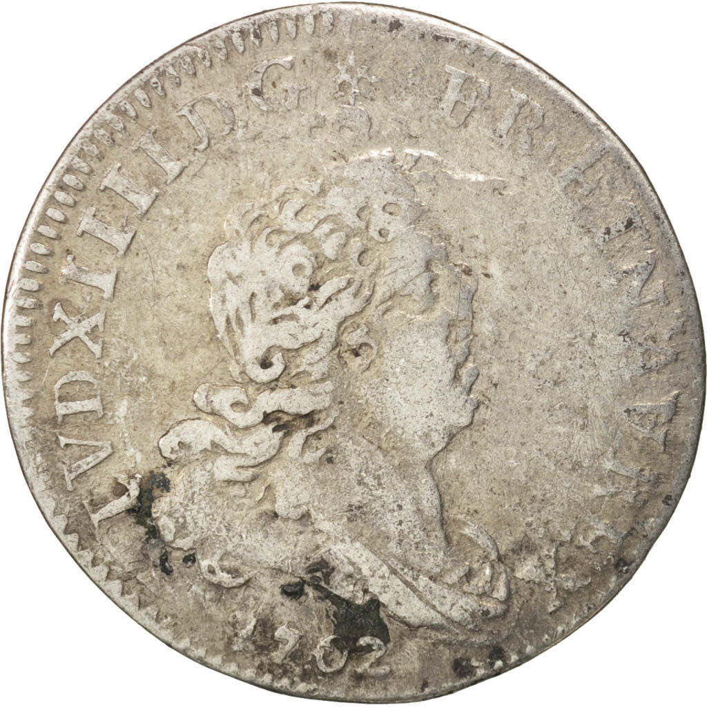 France, Louis XIV, 5 Sols aux insignes, 1702, Paris, VF(20-25), KM:337.1