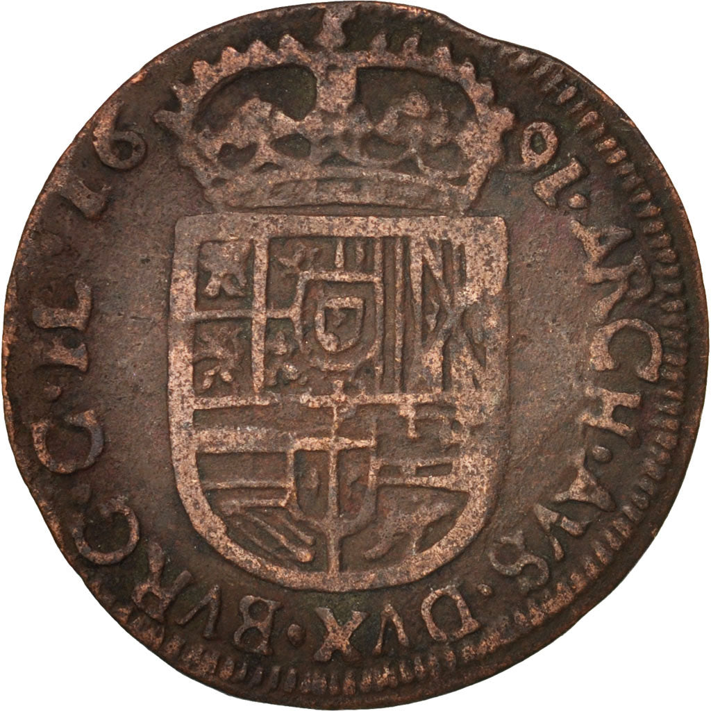 Spanish Netherlands, BRABANT, Liard, 12 Mites, 1691, Brabant, VF(20-25), Copper