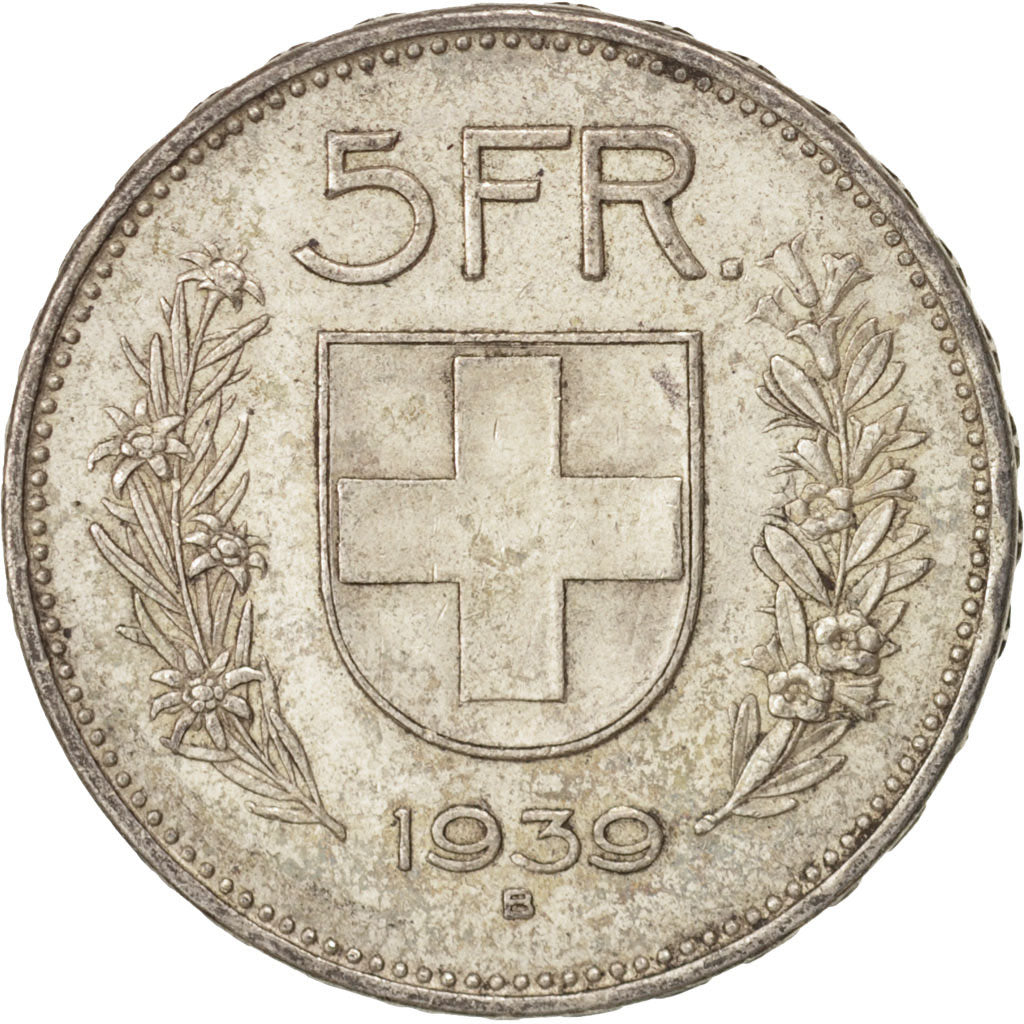 Coin, Switzerland, 5 Francs, 1939, Bern, AU(50-53), Silver, KM:40