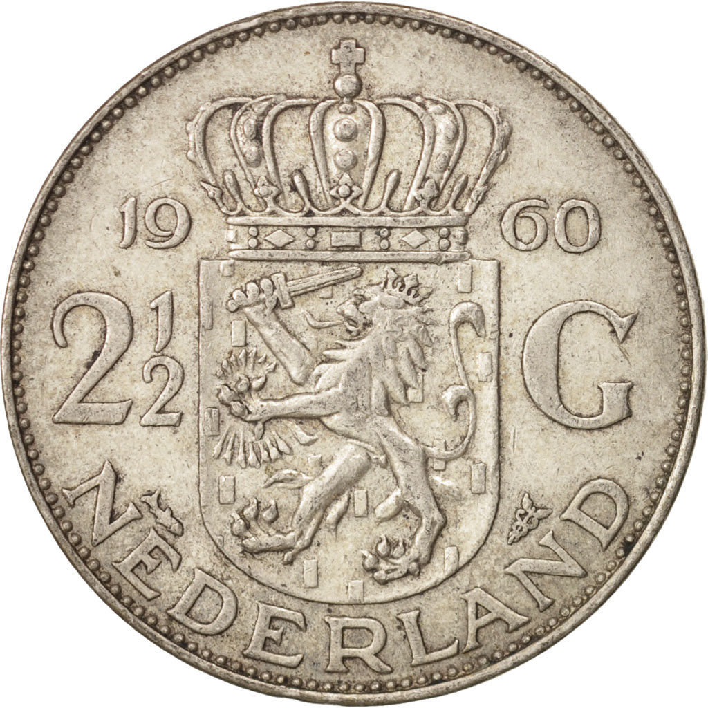 Coin, Netherlands, Juliana, 2-1/2 Gulden, 1960, AU(50-53), Silver, KM:185