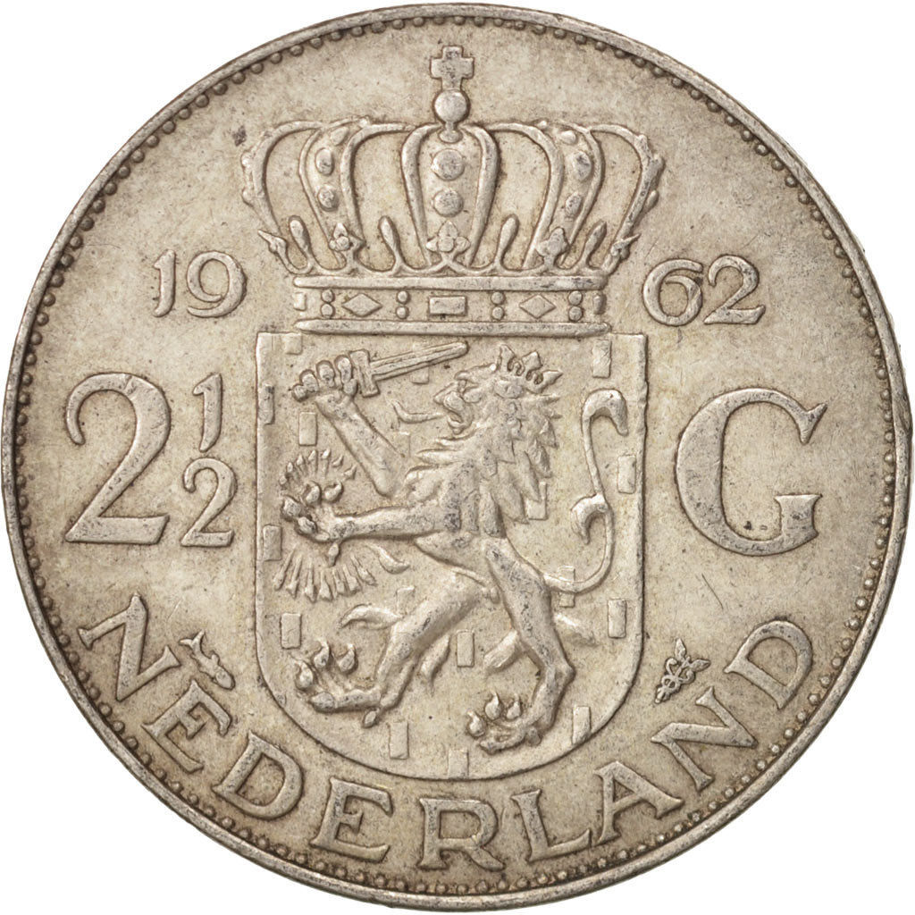 Coin, Netherlands, Juliana, 2-1/2 Gulden, 1962, AU(50-53), Silver, KM:185