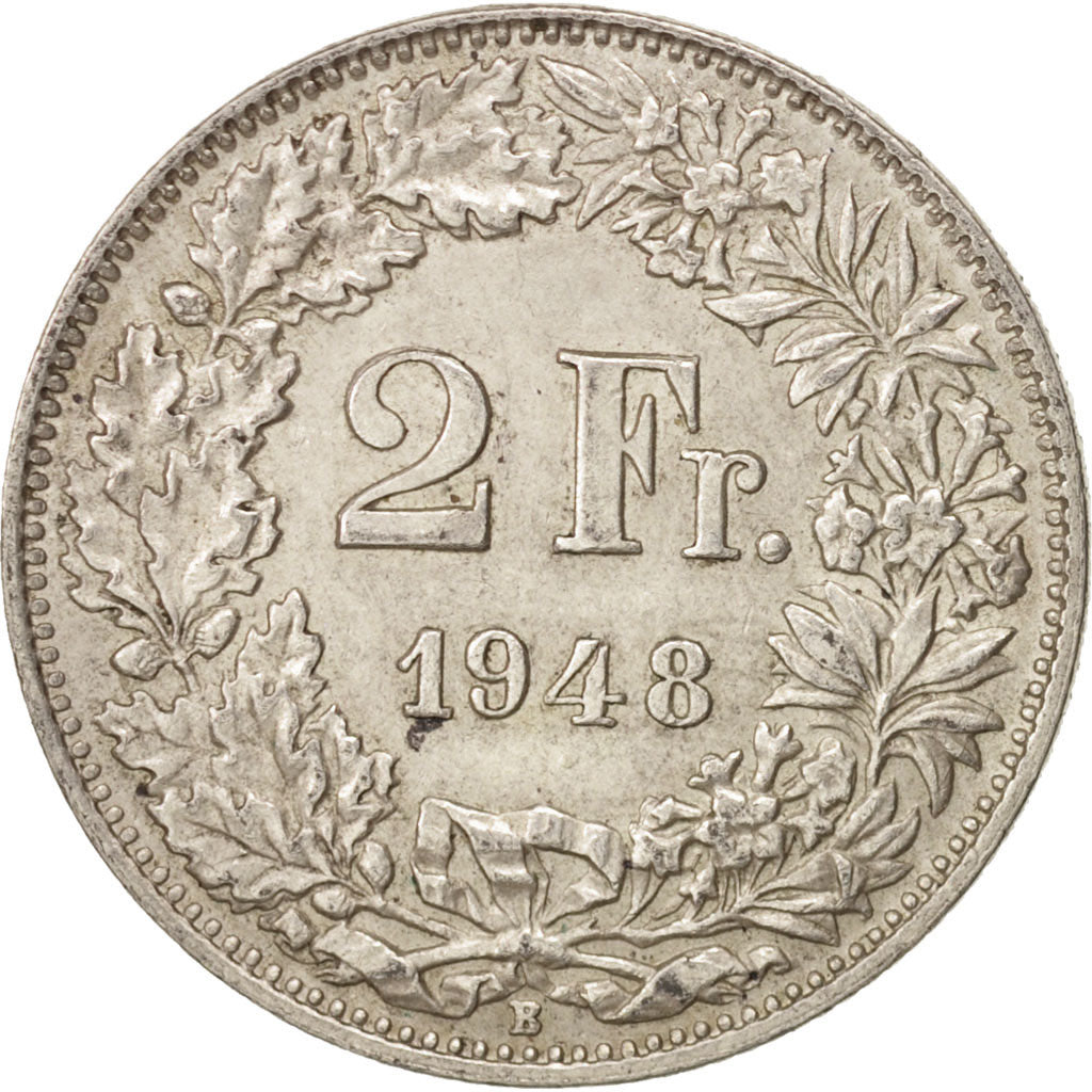 Switzerland, 2 Francs, 1948, Bern, AU(50-53), Silver, KM:21