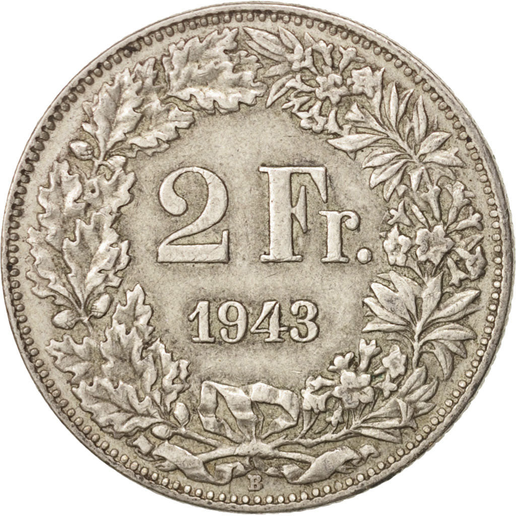 Coin, Switzerland, 2 Francs, 1943, Bern, AU(50-53), Silver, KM:21