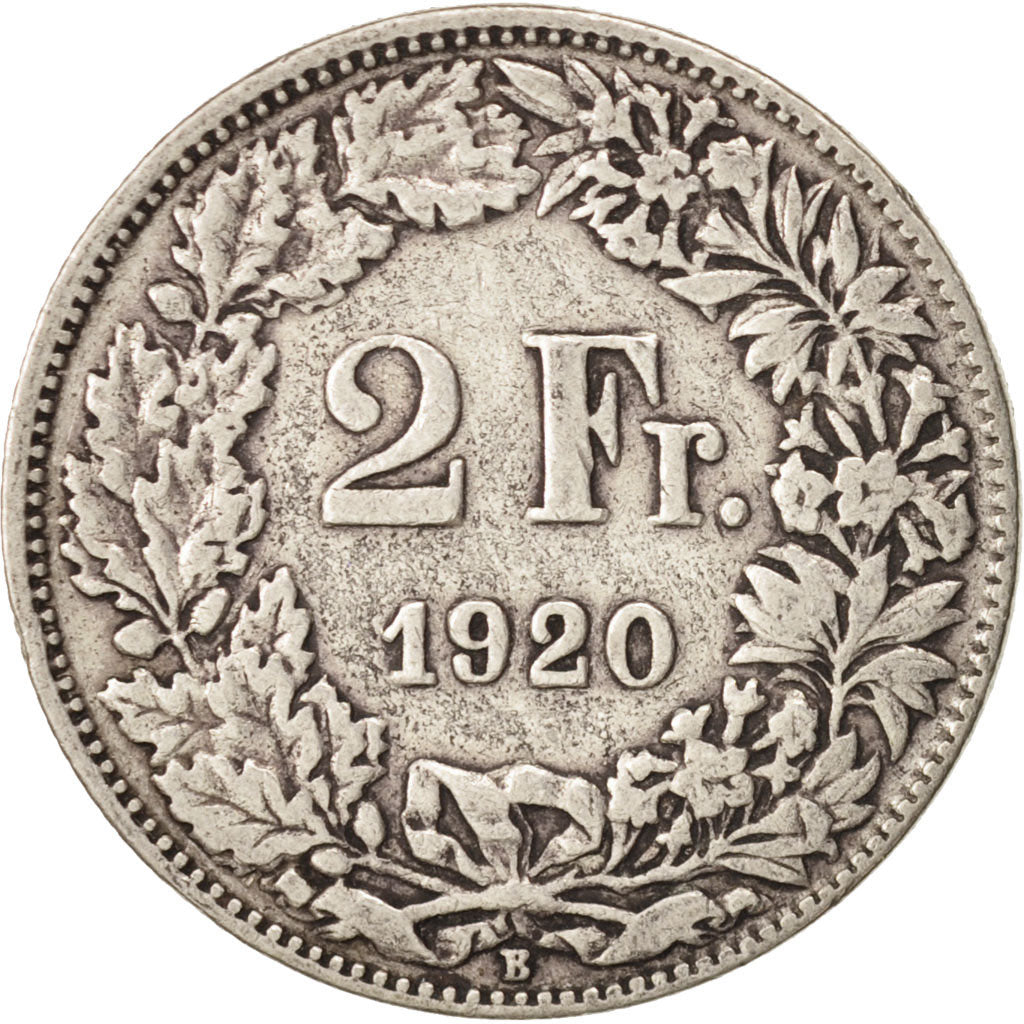 Moneda, Suiza, 2 Francs, 1920, Bern, BC+, Plata, KM:21