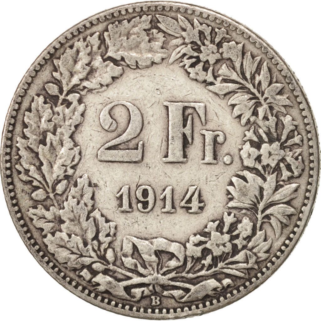 Switzerland, 2 Francs, 1914, Bern, VF(20-25), Silver, KM:21