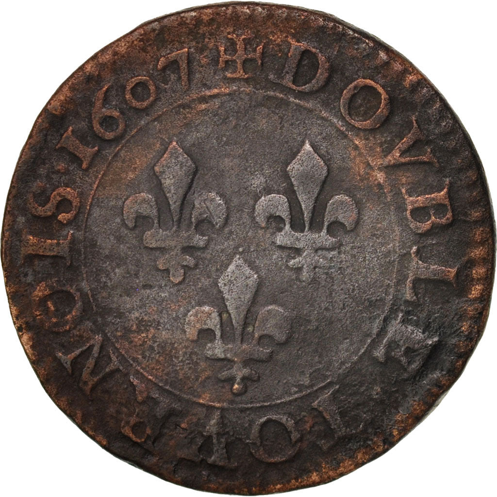 Frankreich, Henri IV, Double Tournois, 1607, Paris, VF(20-25), Copper, KM:16.1