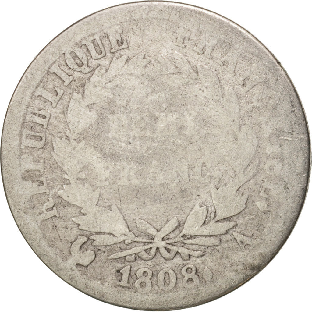 France, Napoléon I, 1/2 Franc, 1808, Paris, VG(8-10), Silver, KM:680.1