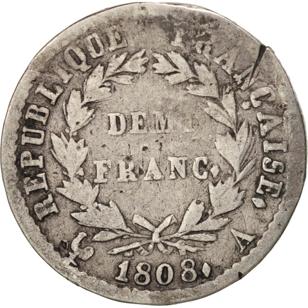 France, Napoléon I, 1/2 Franc, 1808, Paris, VF(20-25), Silver, KM:680.1