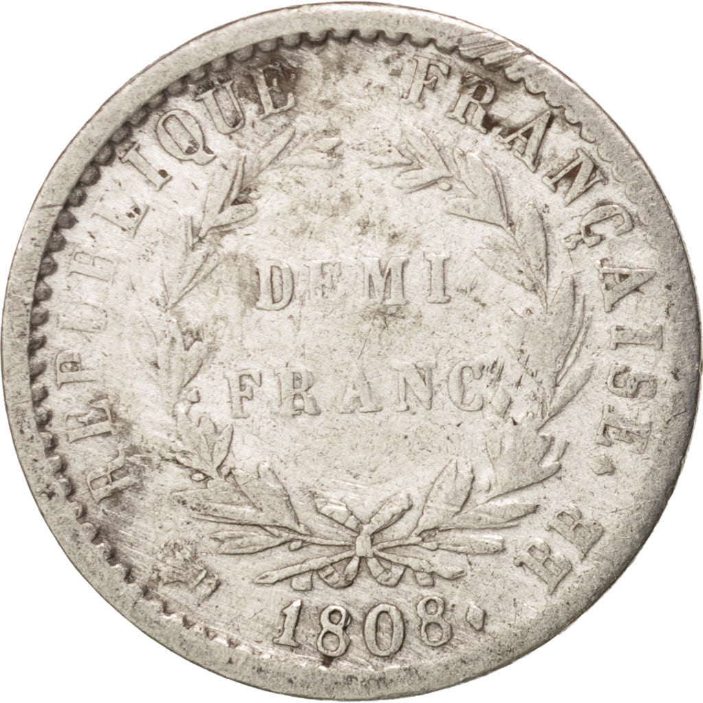 France, Napoléon I, 1/2 Franc, 1808, Strasbourg, VF(30-35), Silver, KM:680.3