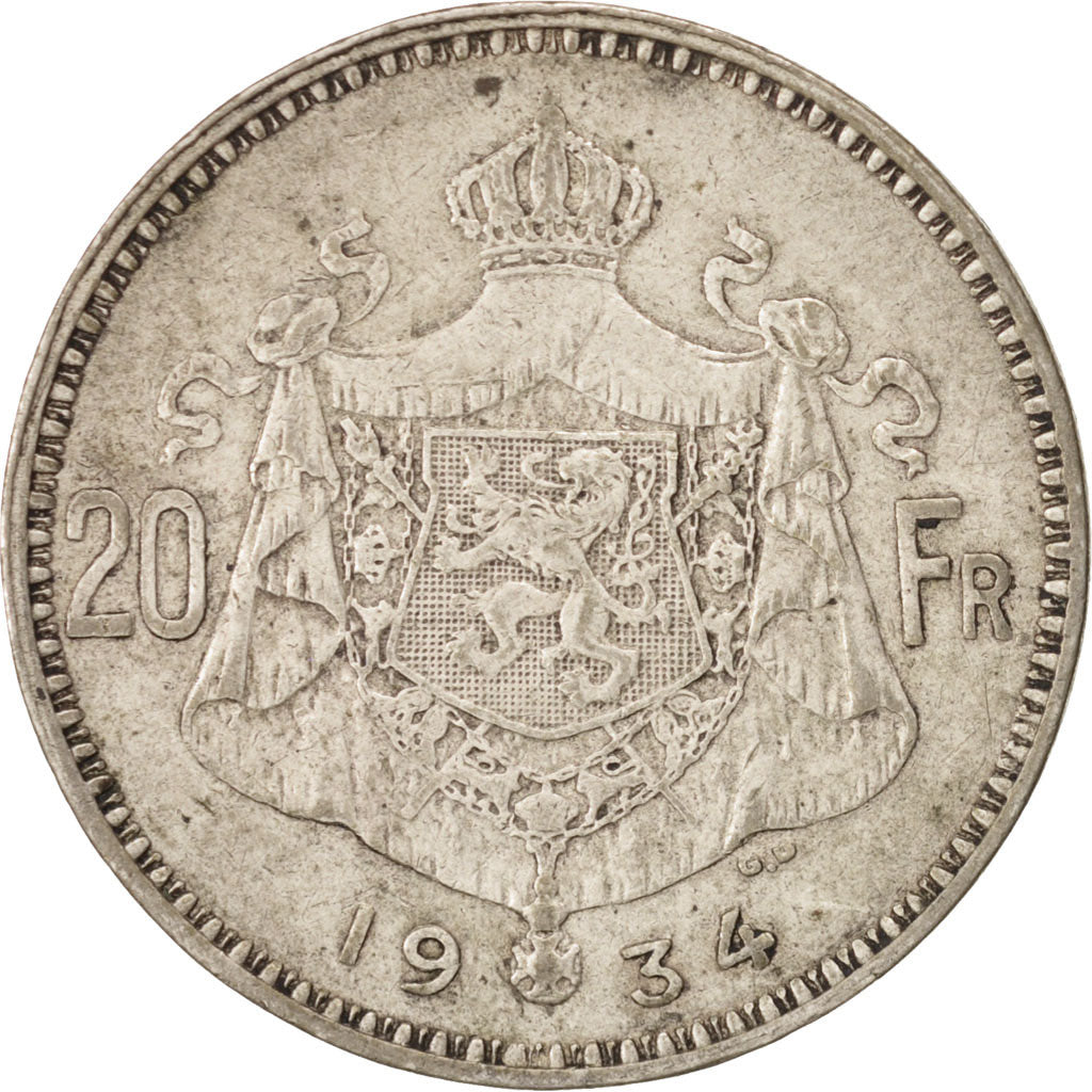 Belgium, 20 Francs, 20 Frank, 1934, EF(40-45), Silver, KM:103.1