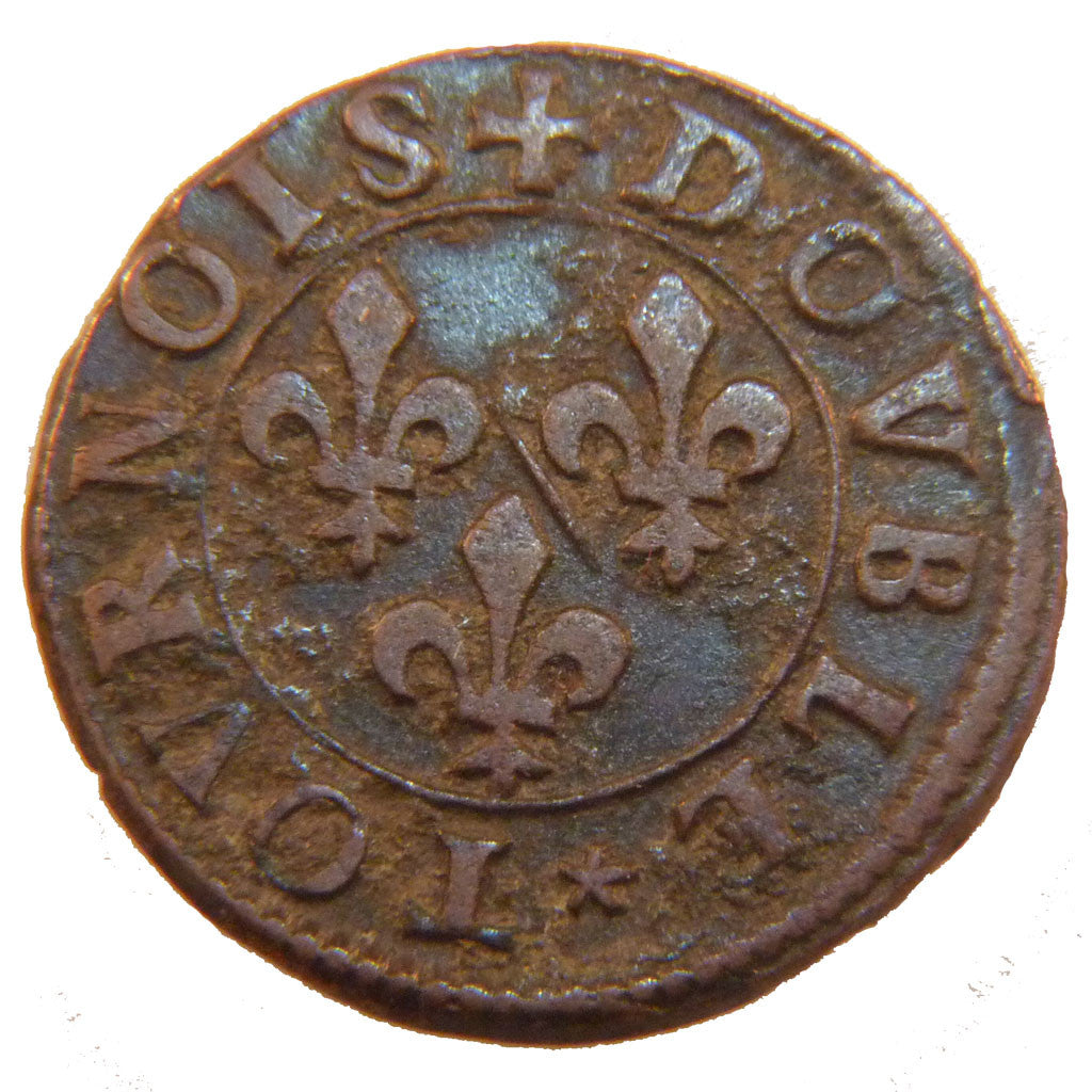FRENCH STATES, 2 Deniers, Tournois, KM #5, AU(50-53), Copper, Boudeau #1820,...