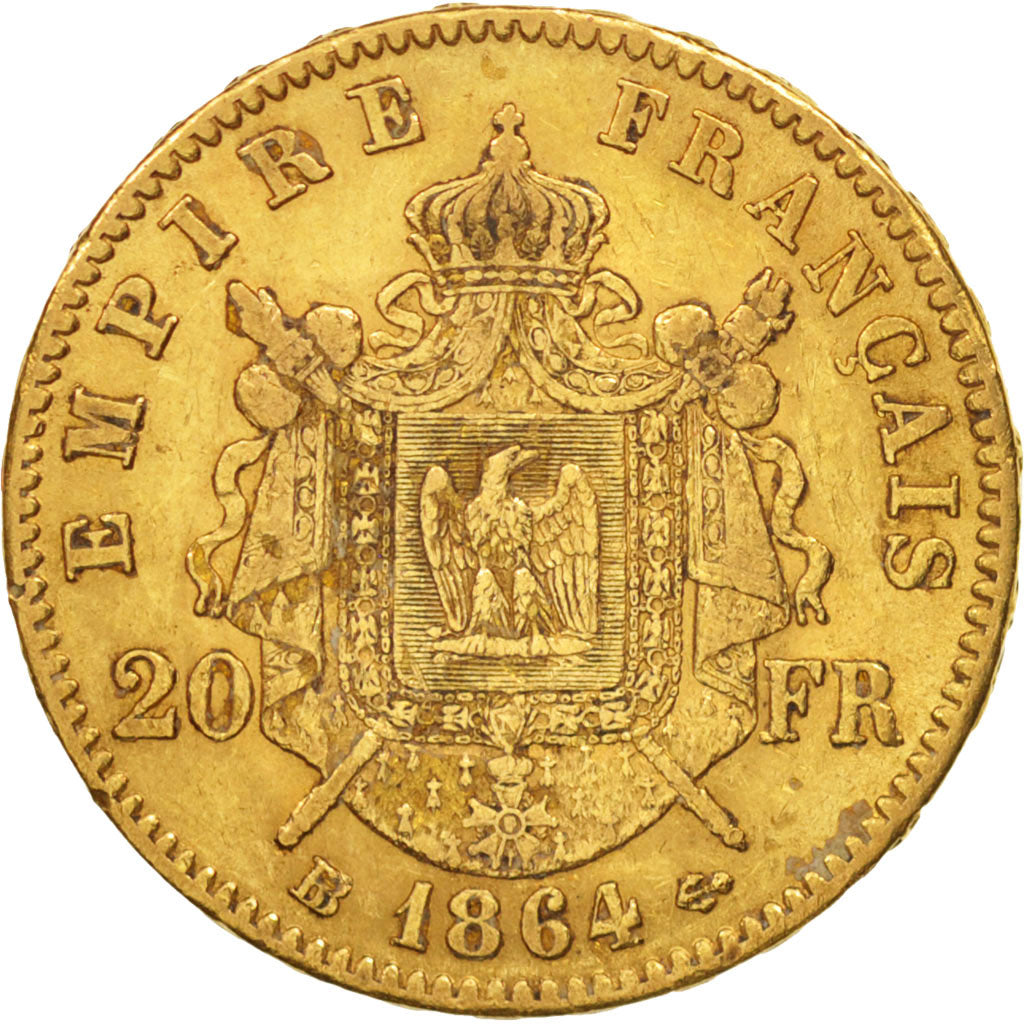 Moneta, Francia, Napoleon III, Napoléon III, 20 Francs, 1864, Strasbourg, BB