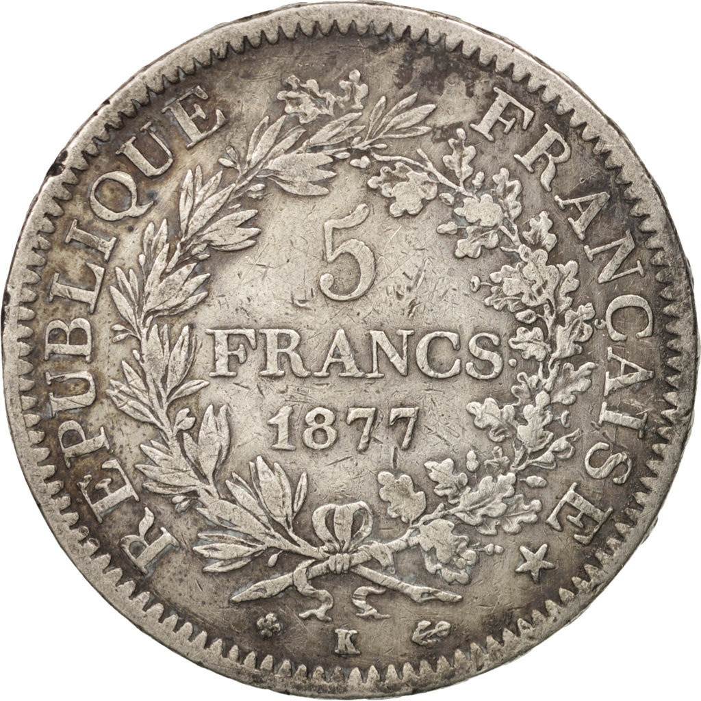 Coin, France, Hercule, 5 Francs, 1877, Bordeaux, VF(30-35), Silver, KM:820.2