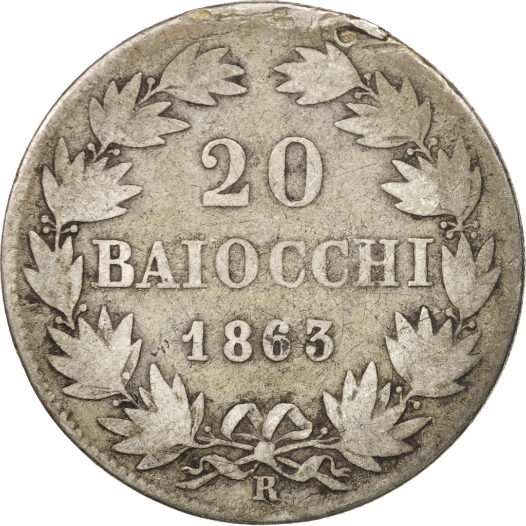 ITALIAN STATES, PAPAL STATES, Pius IX, 20 Baiocchi, 1863-XVIII, Rome, F(12-15)