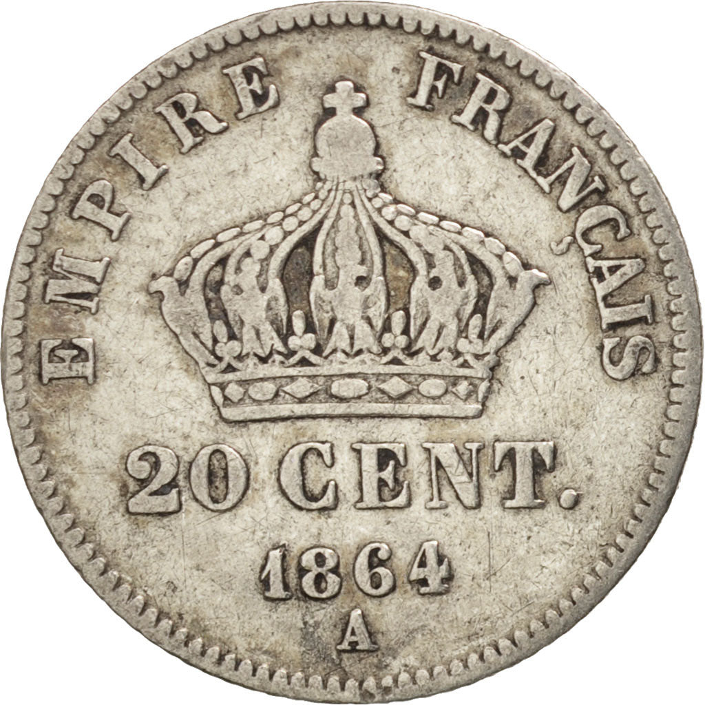 Francia, Napoleon III, 20 Centimes, 1864, Paris, BC, Plata, KM:805.1