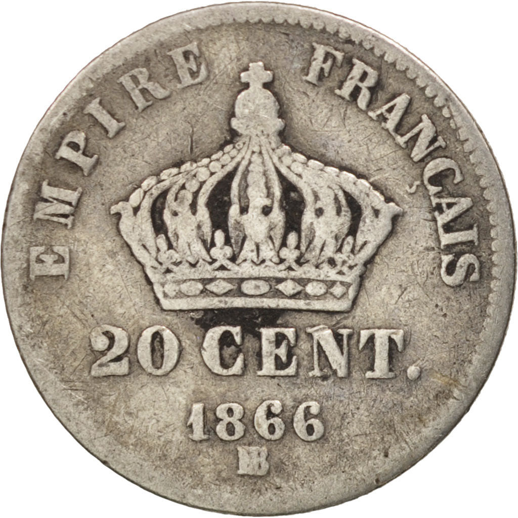 Francia, Napoléon III, 20 Centimes, 1866, Strasbourg, BC, Plata, KM:805.2