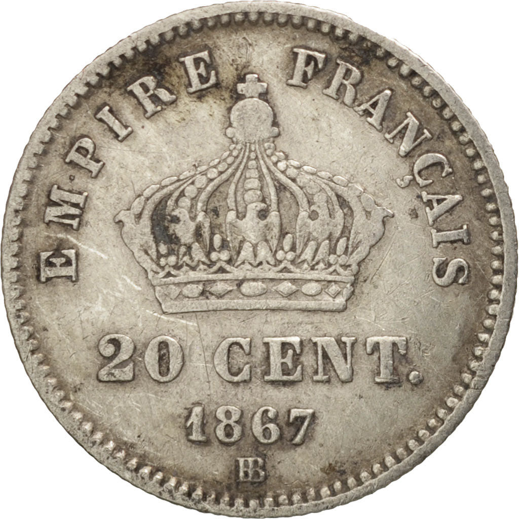 France, Napoléon III, 20 Centimes, 1867, Strasbourg, TB, Argent, Gadoury:309