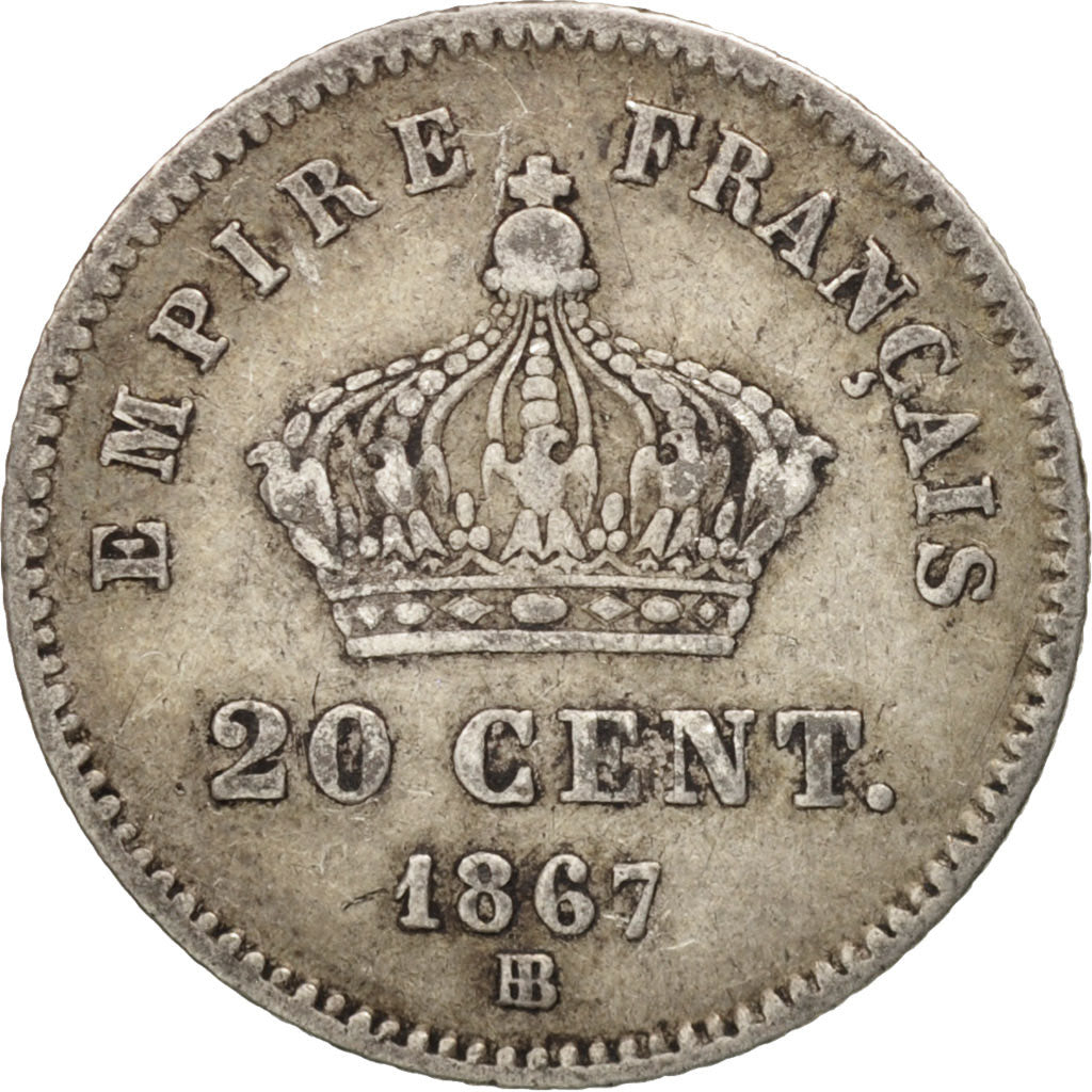 France, Napoléon III, 20 Centimes, 1867, Strasbourg, TB+, Argent, Gadoury:309