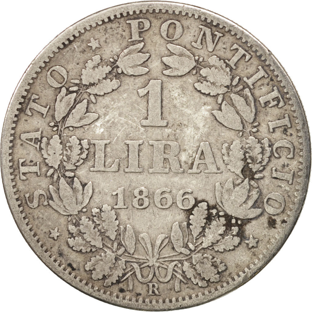 ITALIAN STATES, PAPAL STATES, Pius IX, Lira, 1866, Rome, VF(20-25), Silver