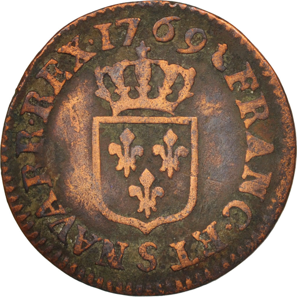 France, Louis XV, Liard à la vieille tête, 1769, Reims, VG(8-10), Copper