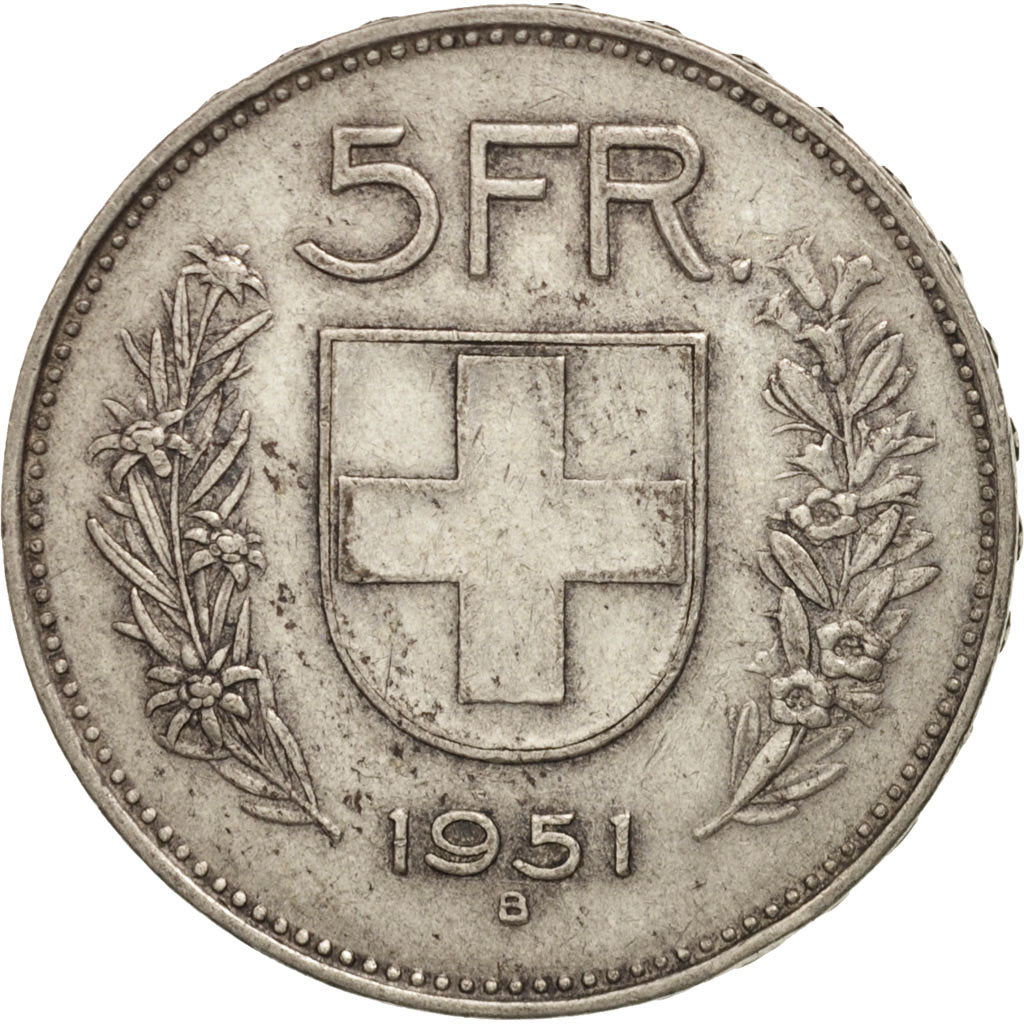 Switzerland, 5 Francs, 1951, Bern, EF(40-45), Silver, KM:40