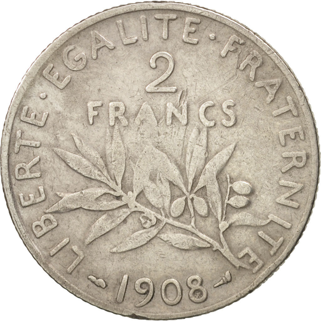 France, Semeuse, 2 Francs, 1908, Paris, VF(20-25), Silver, KM:845.1