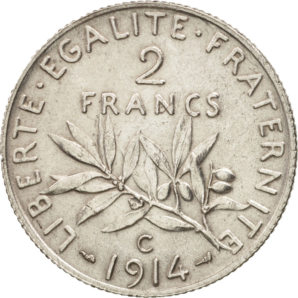 France, Semeuse, 2 Francs, 1914, Castelsarrasin, AU(50-53), Silver, KM:845.2