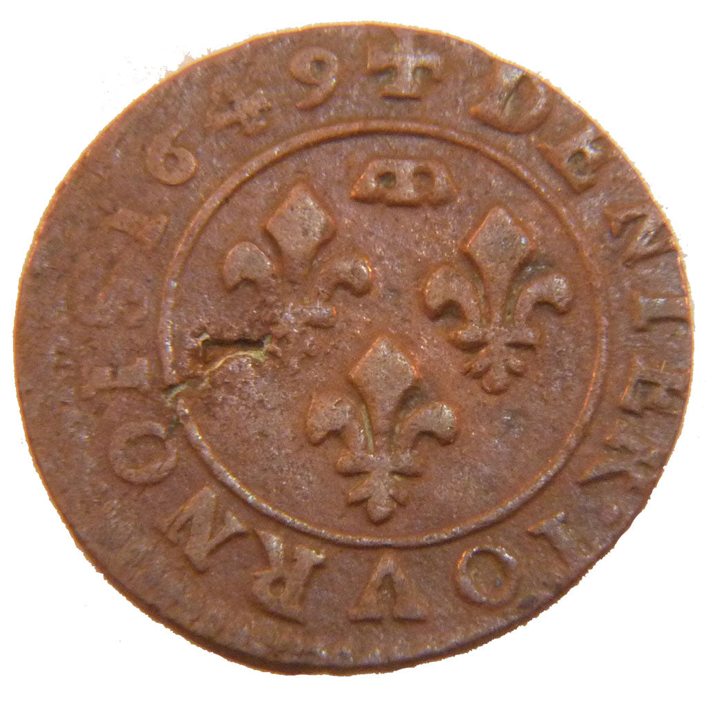 FRANCE, Denier Tournois, 1649, VF(30-35), Copper, Boudeau #1089, 1.60