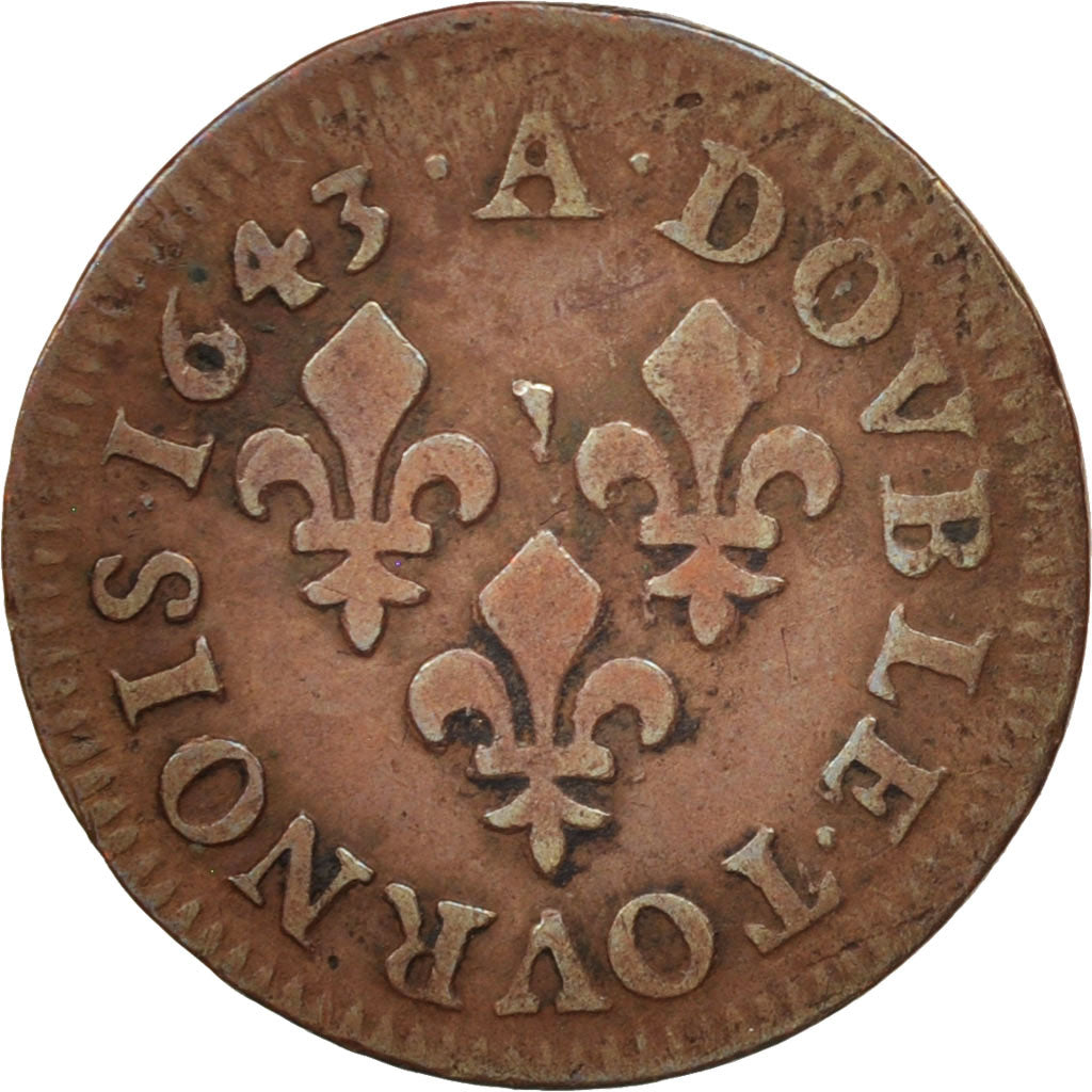 Coin, France, Louis XIII, Double tournois de Warin, tête à gauche, Double