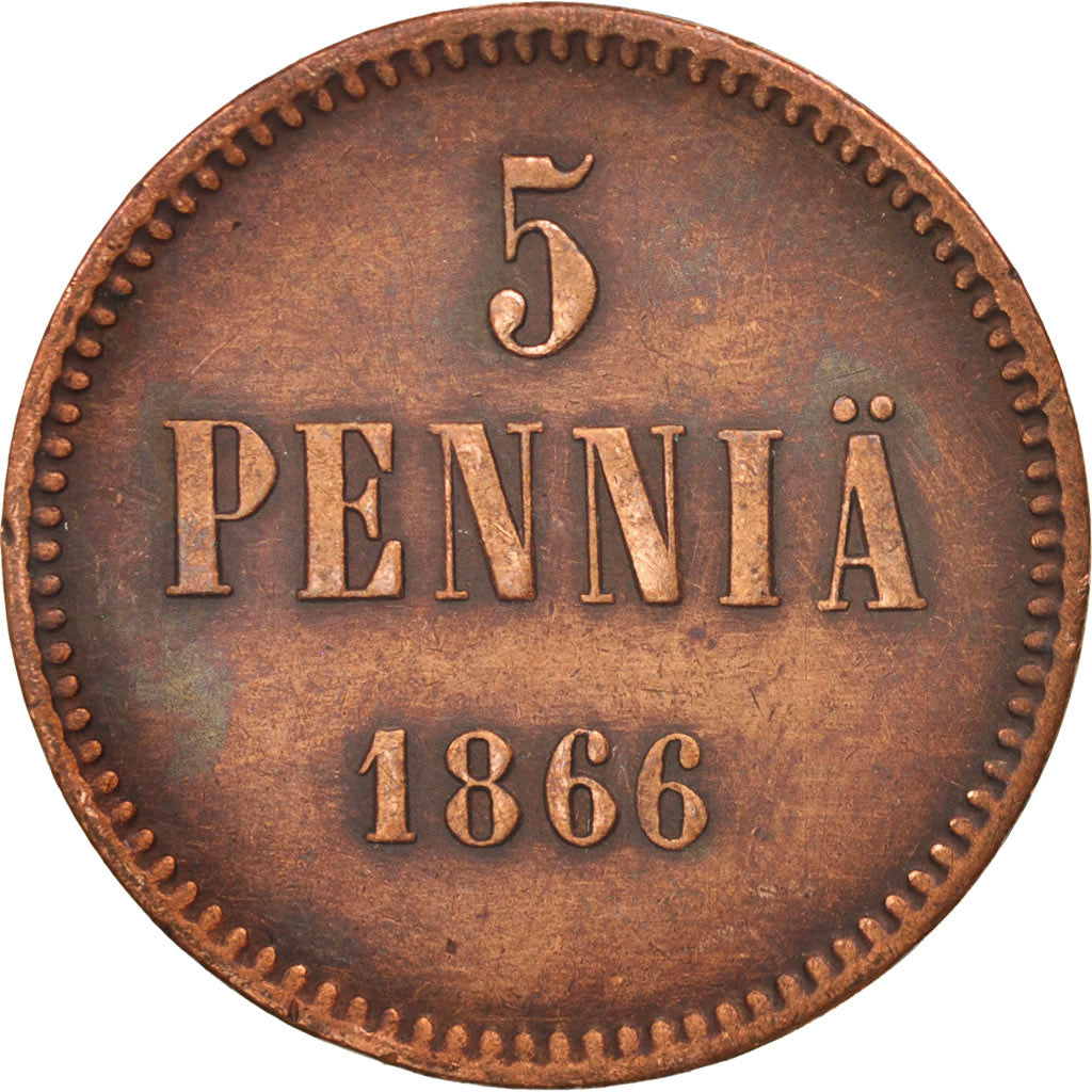 Finland, Alexander II, 5 Pennia, 1866, EF(40-45), Copper, KM:4.1