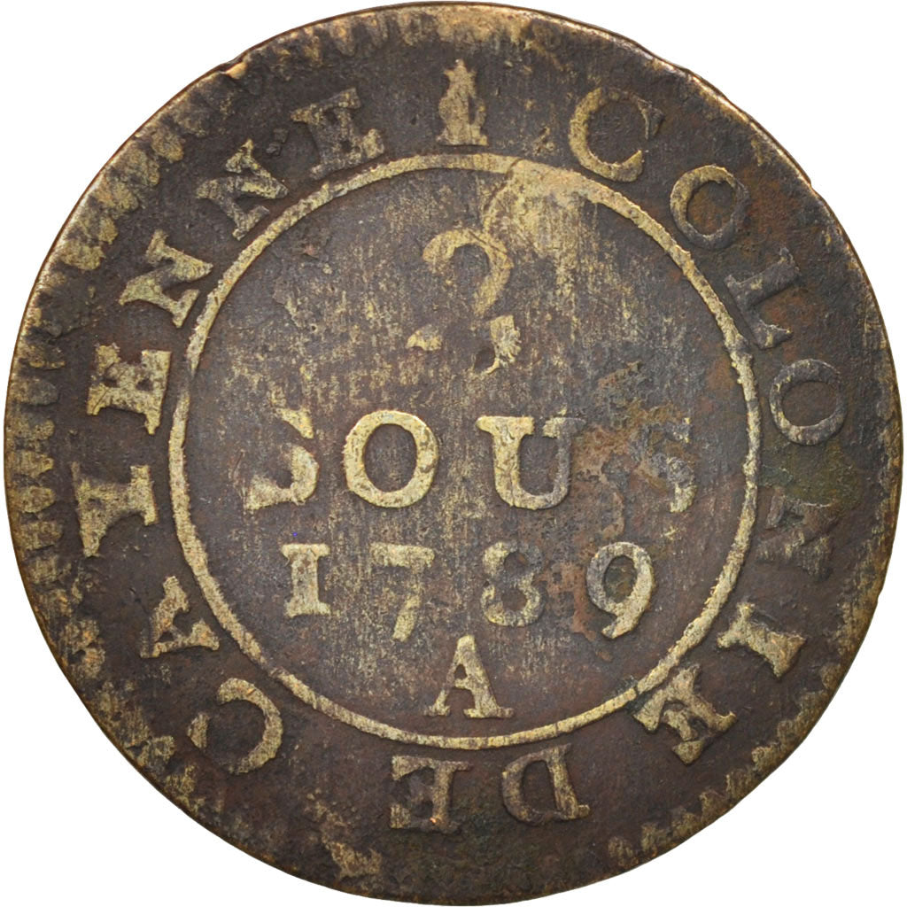 FRENCH GUIANA, 2 Sous, 1789, Paris, VF(20-25), Billon, KM:1